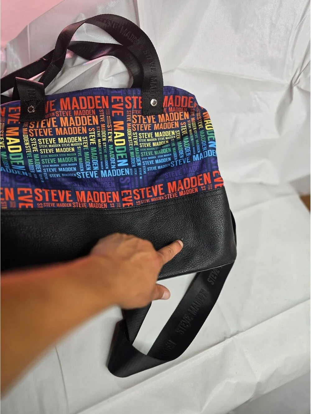 Steve Madden Multicolor Logo Print Crossbody Bag Black Faux Leather Purse Unisex